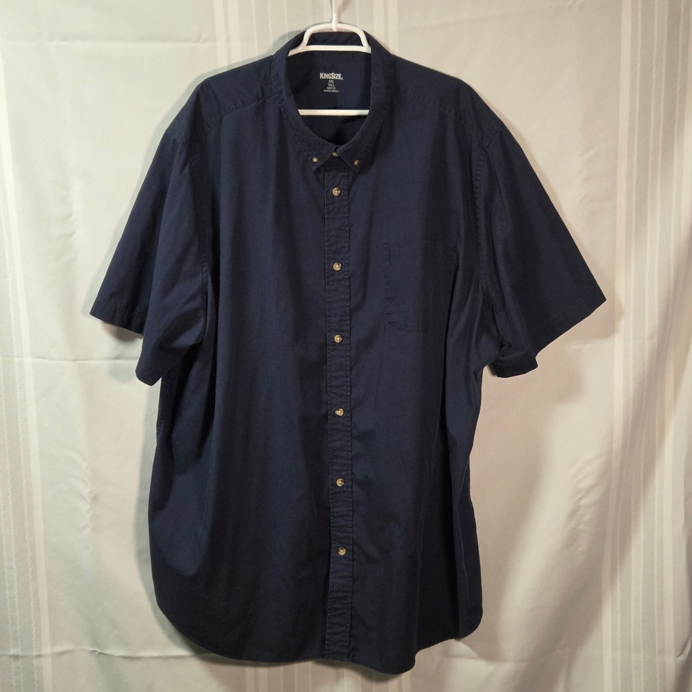 KingSize Button Down Shirt Mens 4XL Tall Navy Blue Short Sleeve Pocket Casual